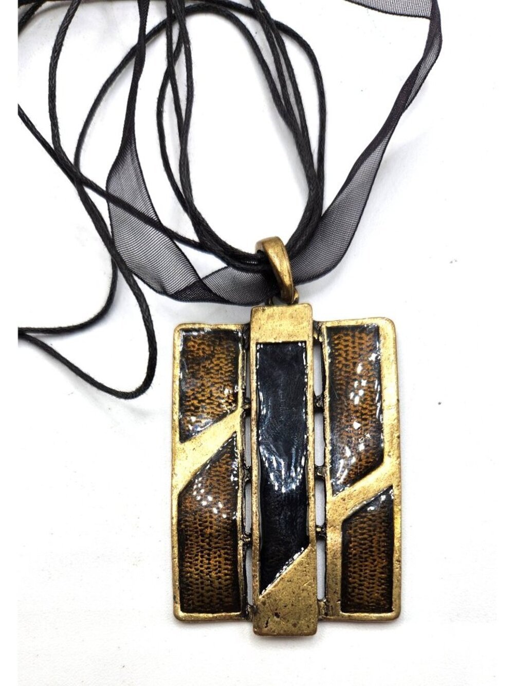 Gold & Black Rectangular PendantWith Multi-Strand Ribbon &Cord
